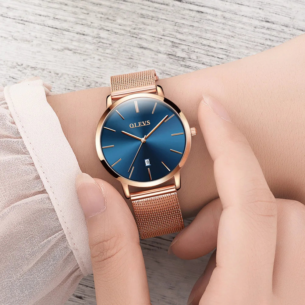 TrenLux Wear OLEVS Women's Rose Gold Luxury Stainless Steel Bracelet Quartz Gift Set