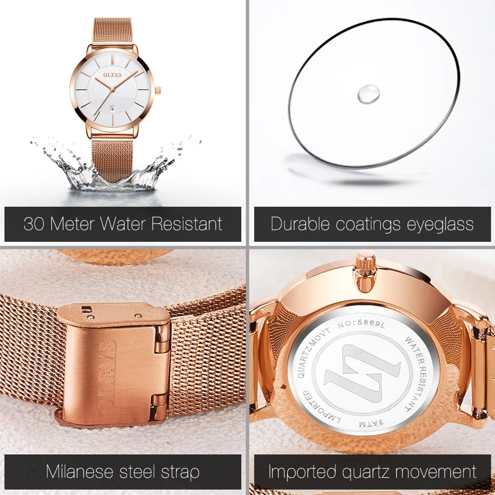 TrenLux Wear OLEVS Women's Rose Gold Luxury Stainless Steel Bracelet Quartz Gift Set