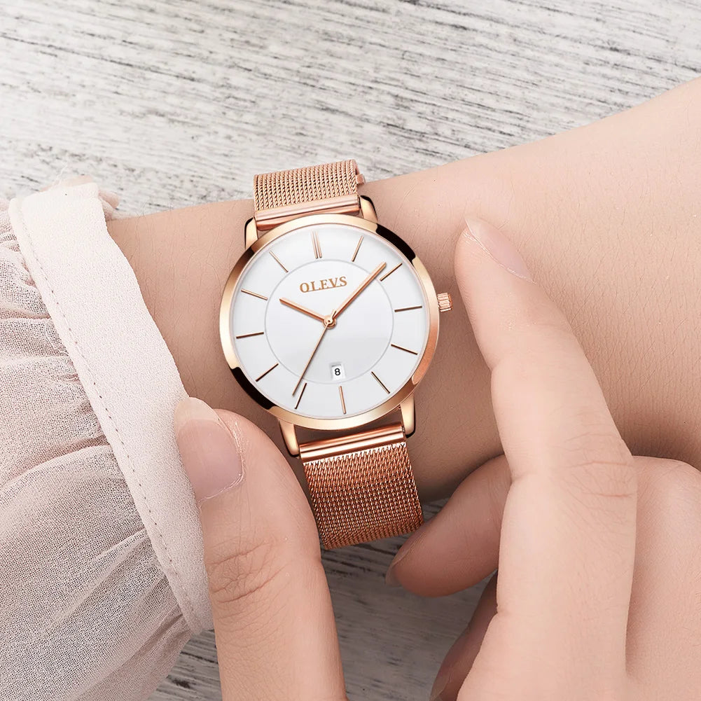 TrenLux Wear OLEVS Women's Rose Gold Luxury Stainless Steel Bracelet Quartz Gift Set