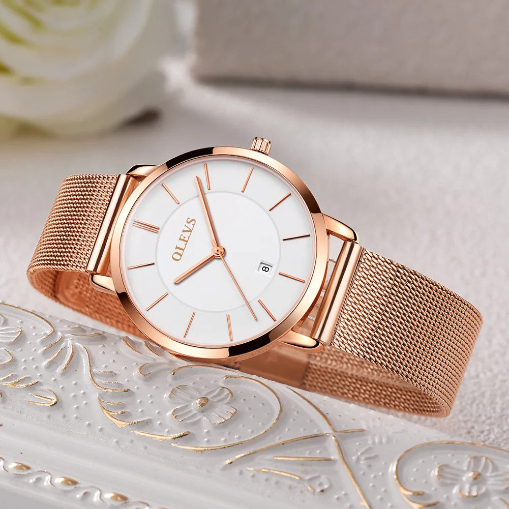TrenLux Wear OLEVS Women's Rose Gold Luxury Stainless Steel Bracelet Quartz Gift Set