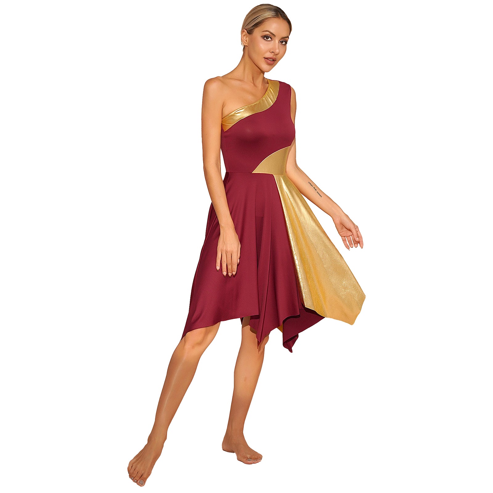 TrenLux Wear Women's Polyester-Spandex One-Shoulder Metallic Lyrical Dance Worship Dress