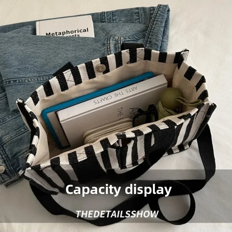 TrenLux Wear Women's Large Capacity Striped Canvas Versatile Commuter & Travel Tote Shoulder Bag