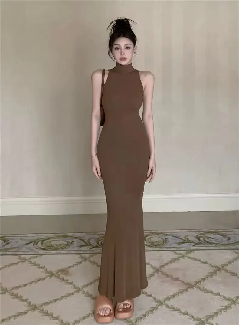 TrenLux Wear Women's Knit Turtleneck Bodycon Ankle-Length Maxi Dress