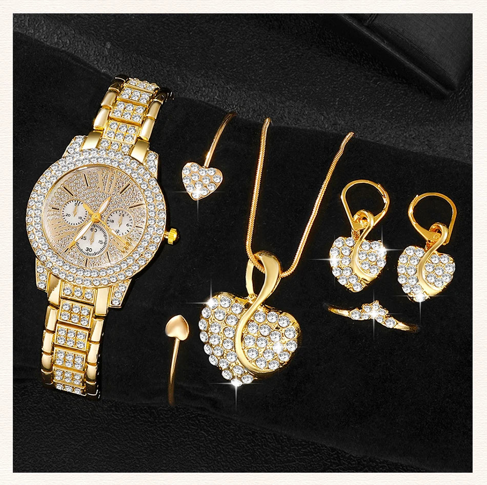 TrenLux Wear Women's Rhinestone Quartz Watch & Jewellery Set — Ring, Necklace & Earrings Luxury Gift
