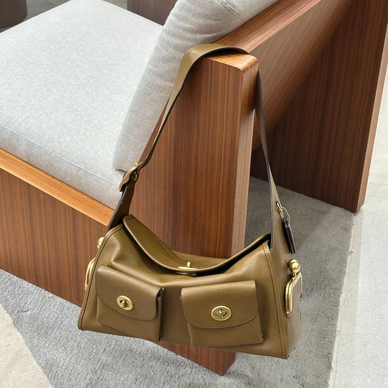 TrenLux Wear Women's Vintage PU Leather Large Capacity Multi-Pocket Zipper Commuting Shoulder Bag