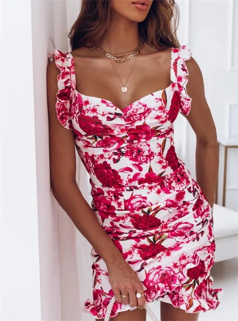 TrenLux Wear Women's Polyester Floral Print Ruffle V-Neck Bodycon Sundress