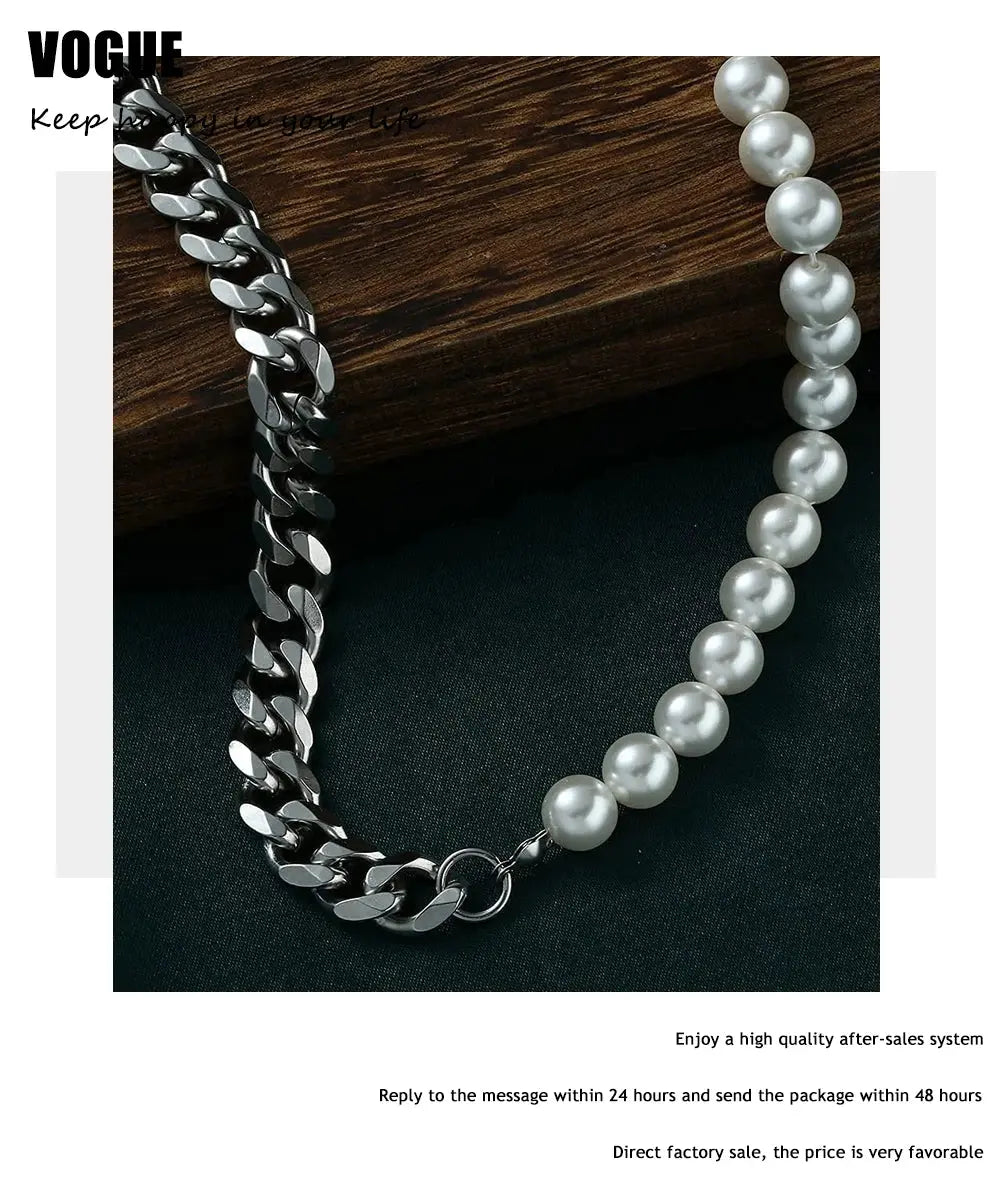 Men's Half Pearl Half Cuban Link Chain Necklace — Stainless Steel Silver Jewellery (43 cm) TrenLux Wear