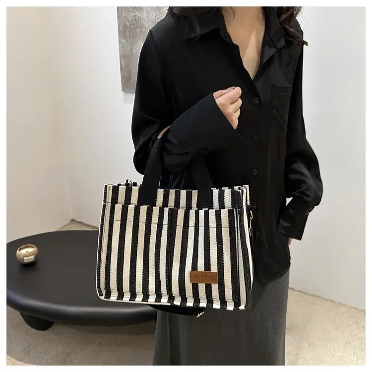 TrenLux Wear Women's Large Capacity Striped Canvas Versatile Commuter & Travel Tote Shoulder Bag