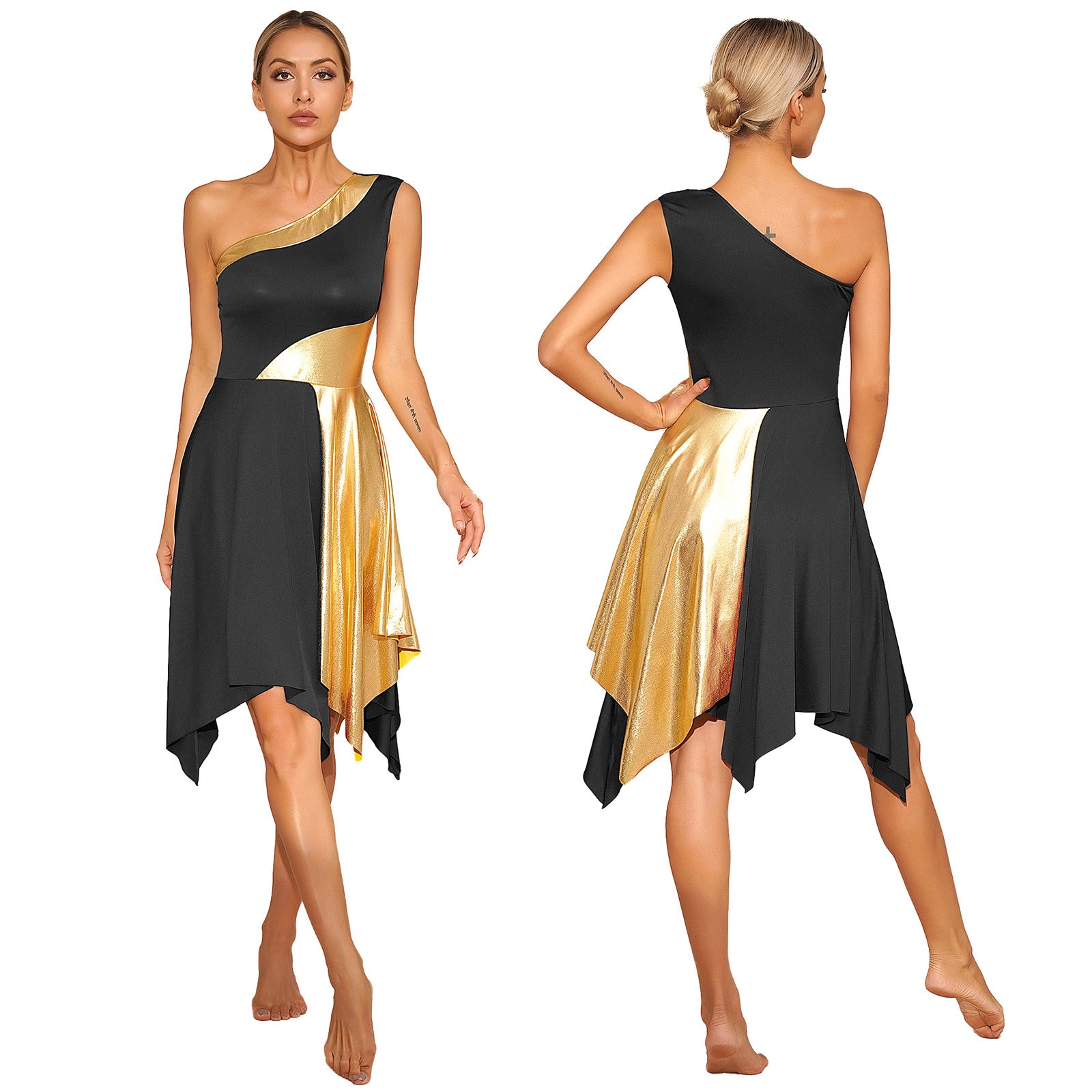 TrenLux Wear Women's Polyester-Spandex One-Shoulder Metallic Lyrical Dance Worship Dress