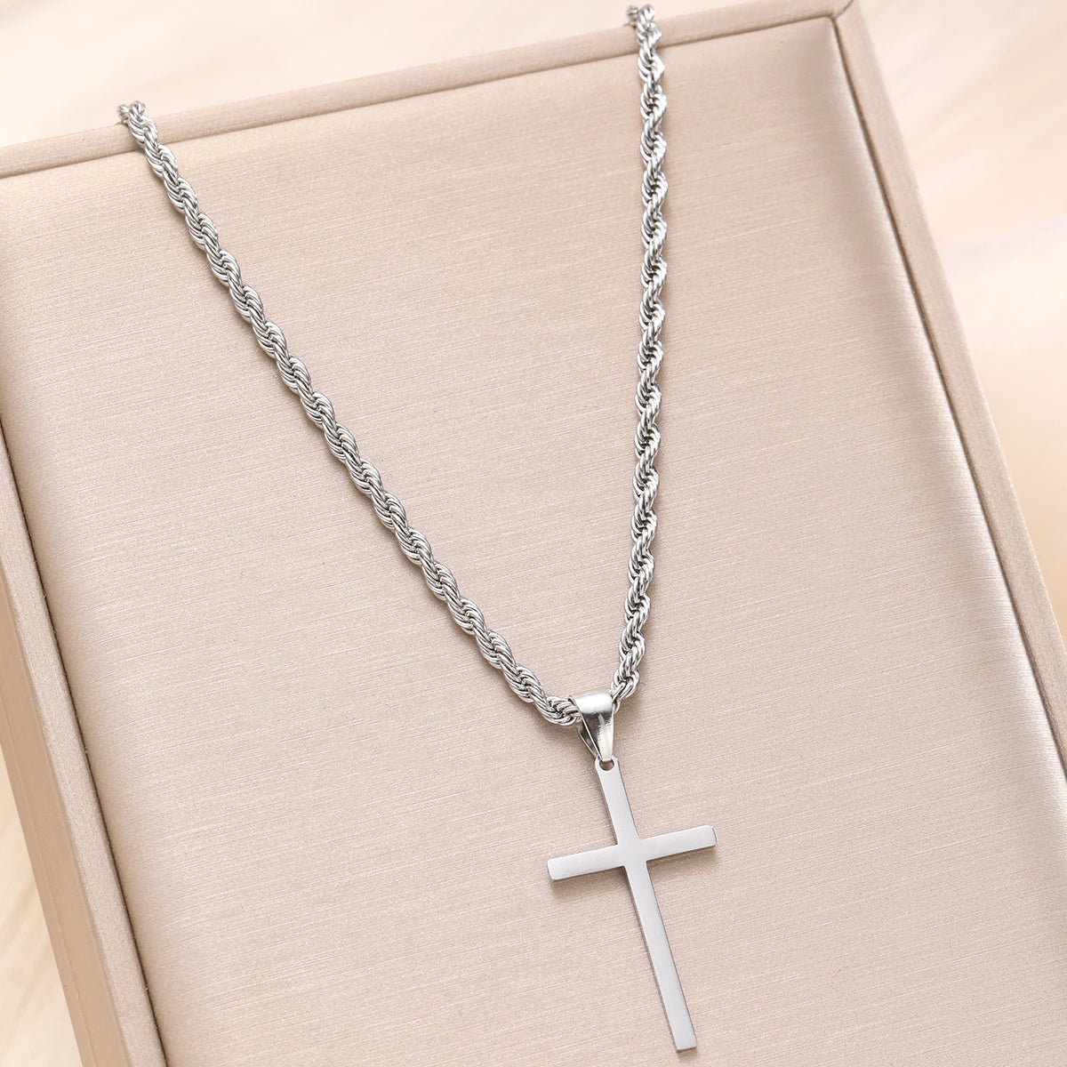 Men's Stainless Steel Cross Pendant Necklace — Minimalist Gold Colour Rope Chain Choker