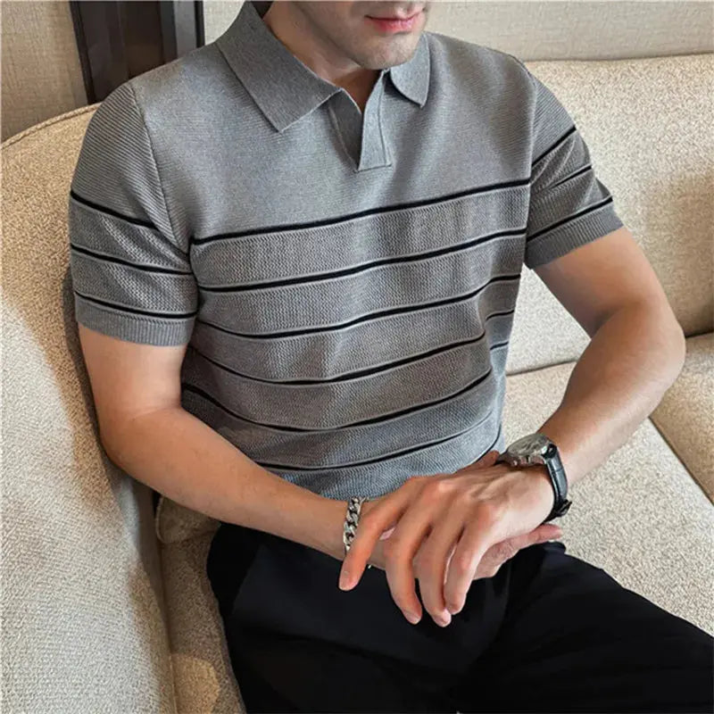 TrenLux Wear Men's Nylon-Viscose Slim-Fit Knitted Striped Turn-Down Collar T-Shirt The Glow Collective