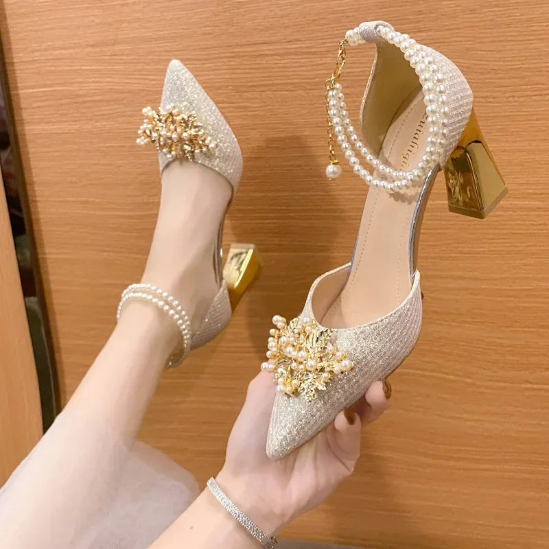 TrenLux Wear Women's Pointed Toe Metal Beaded High Heel Wedding Banquet Pumps
