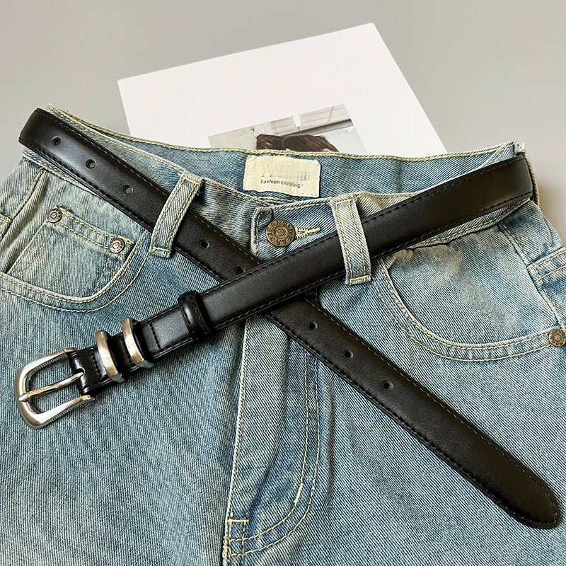 Women's Real Leather Jeans Belt — Metal Buckle Casual Waistband (104 cm)