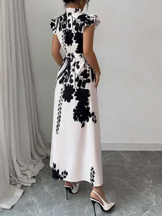 TrenLux Wear Women's Polyester Black & White Patchwork Sash Ball Gown Dress