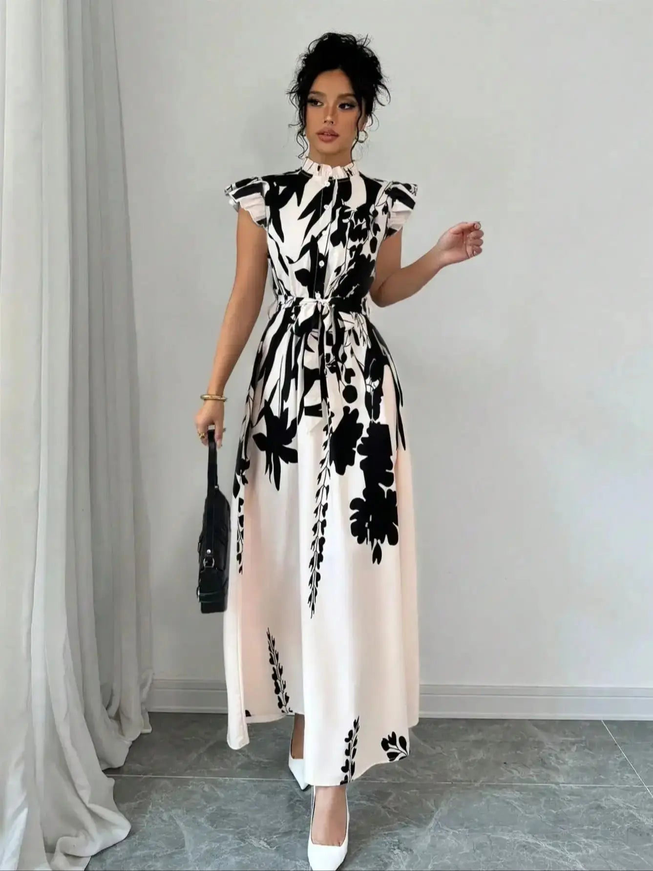 TrenLux Wear Women's Polyester Black & White Patchwork Sash Ball Gown Dress