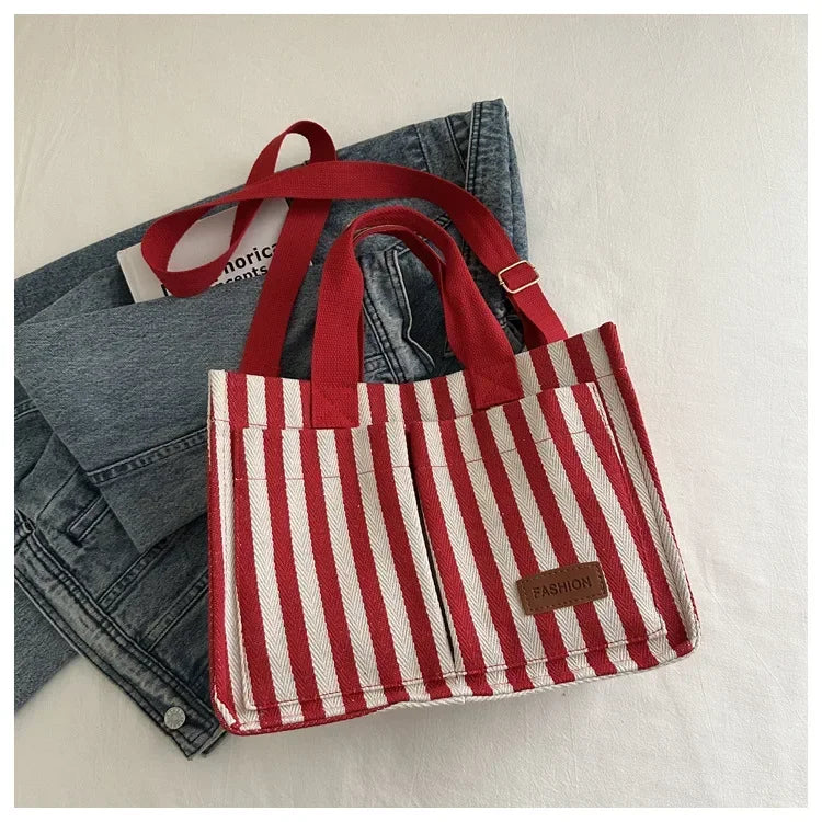 TrenLux Wear Women's Large Capacity Striped Canvas Versatile Commuter & Travel Tote Shoulder Bag