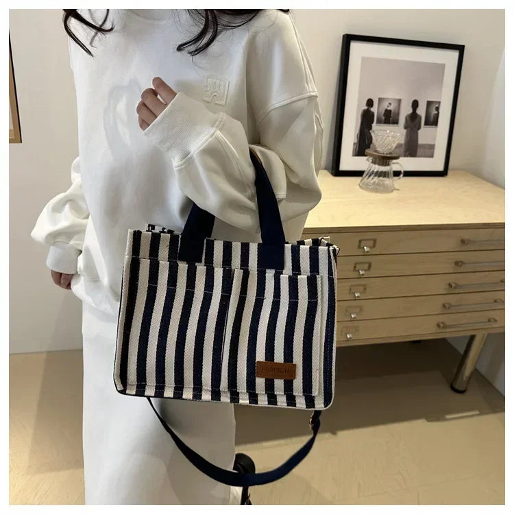 TrenLux Wear Women's Large Capacity Striped Canvas Versatile Commuter & Travel Tote Shoulder Bag