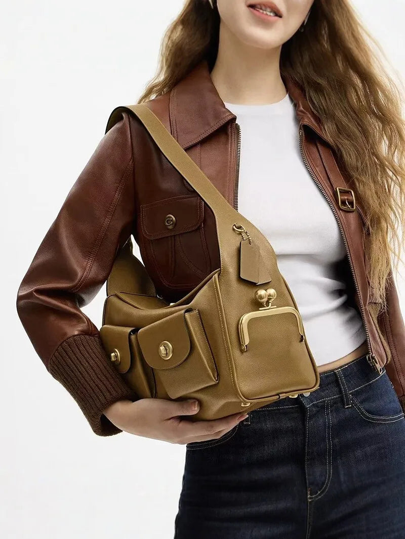TrenLux Wear Women's Vintage PU Leather Large Capacity Multi-Pocket Zipper Commuting Shoulder Bag