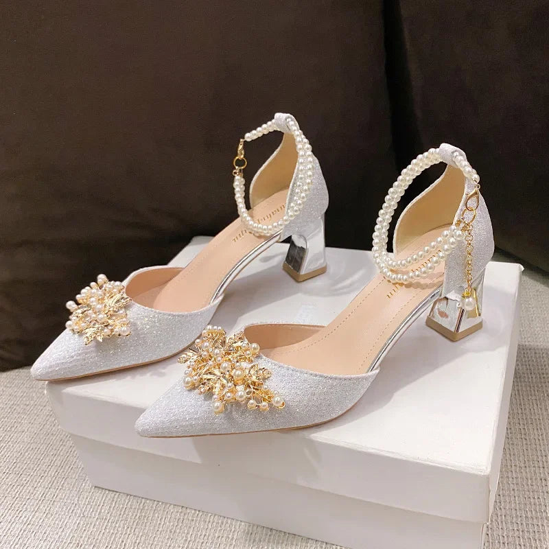TrenLux Wear Women's Pointed Toe Metal Beaded High Heel Wedding Banquet Pumps