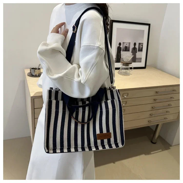 TrenLux Wear Women's Large Capacity Striped Canvas Versatile Commuter & Travel Tote Shoulder Bag