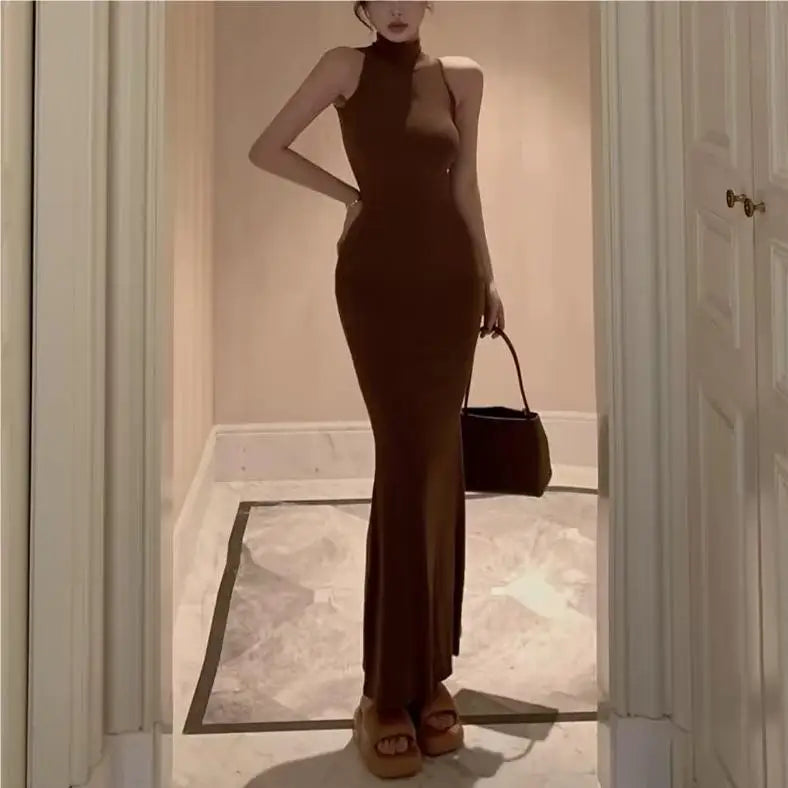 TrenLux Wear Women's Knit Turtleneck Bodycon Ankle-Length Maxi Dress