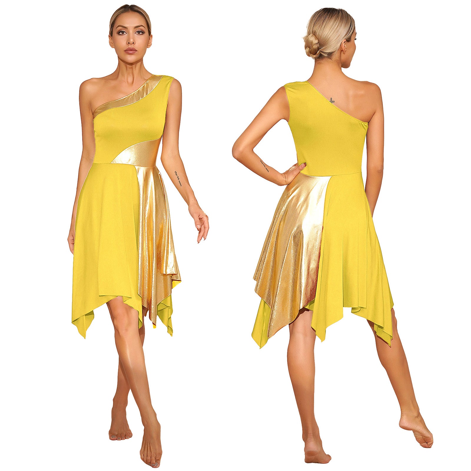 TrenLux Wear Women's Polyester-Spandex One-Shoulder Metallic Lyrical Dance Worship Dress