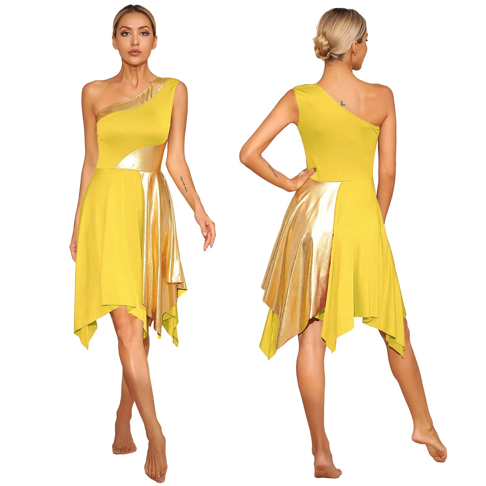 TrenLux Wear Women's Polyester-Spandex One-Shoulder Metallic Lyrical Dance Worship Dress