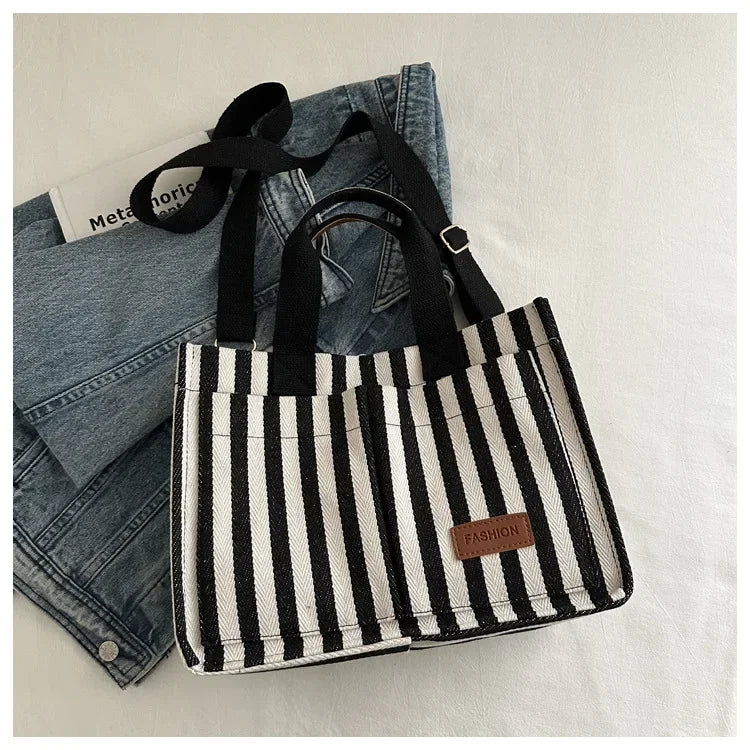 TrenLux Wear Women's Large Capacity Striped Canvas Versatile Commuter & Travel Tote Shoulder Bag