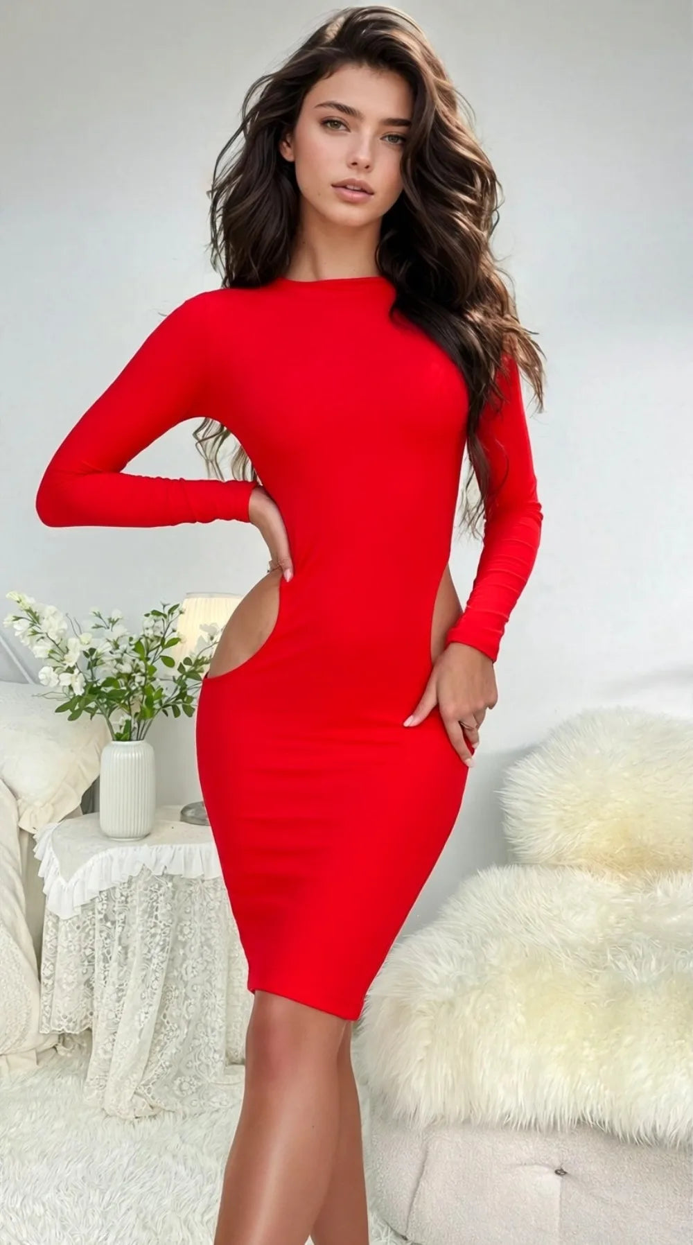 TrenLux Wear Women's Polyester Long Sleeve Hollow-Out Bodycon Knee-Length Dress