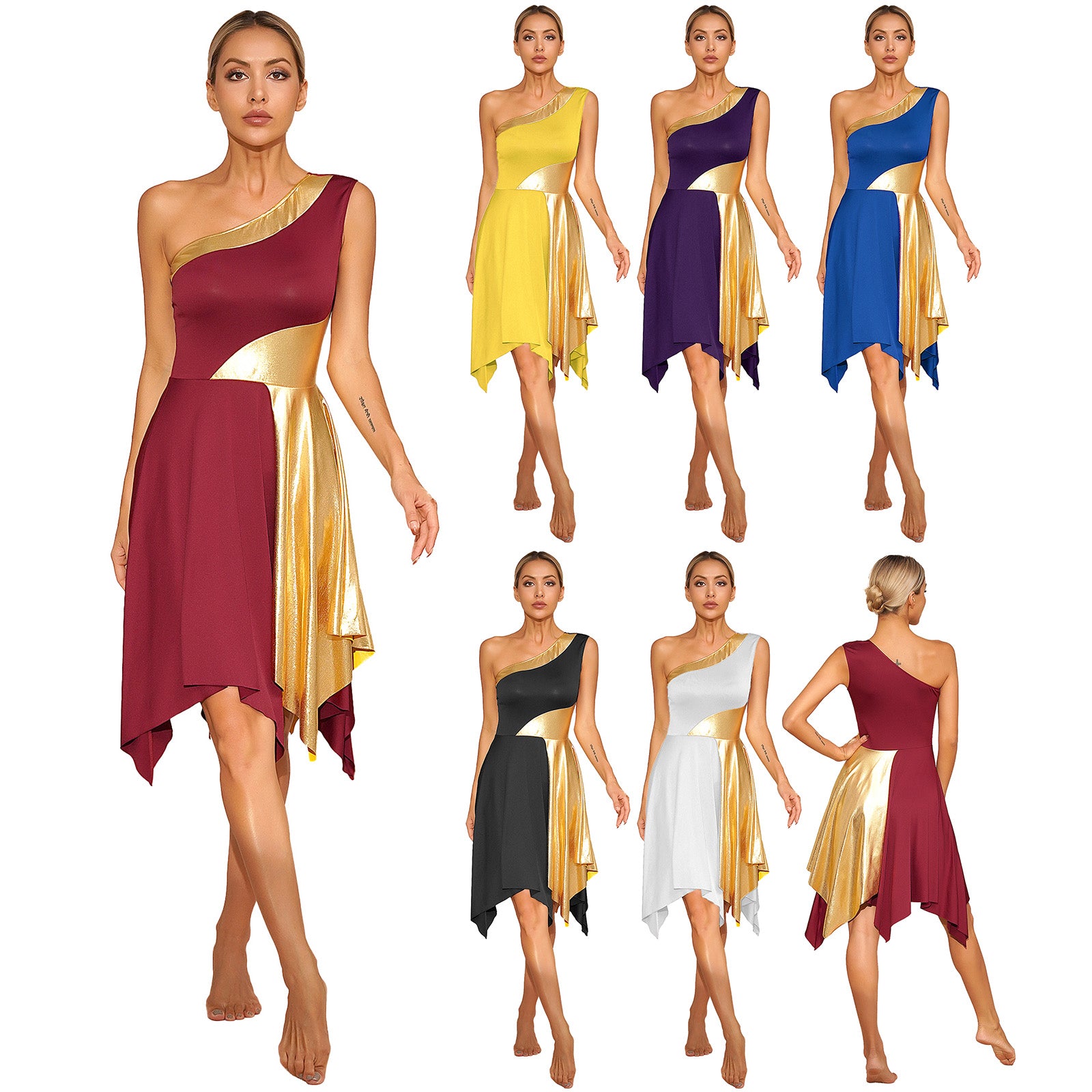 TrenLux Wear Women's Polyester-Spandex One-Shoulder Metallic Lyrical Dance Worship Dress