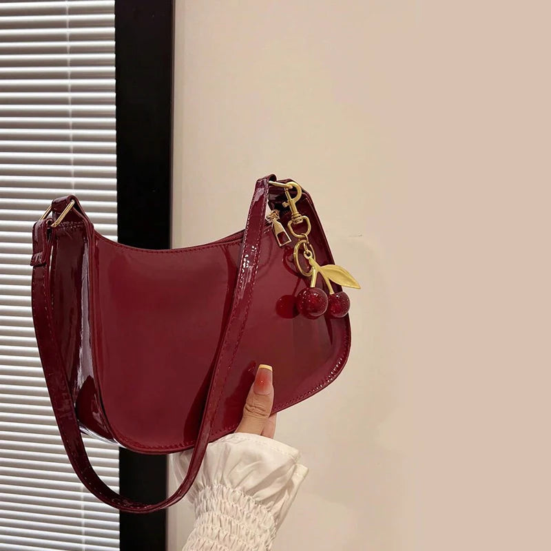 TrenLux Wear Women's PU Leather Solid Colour Cherry Pendant Casual Underarm Shoulder Bag