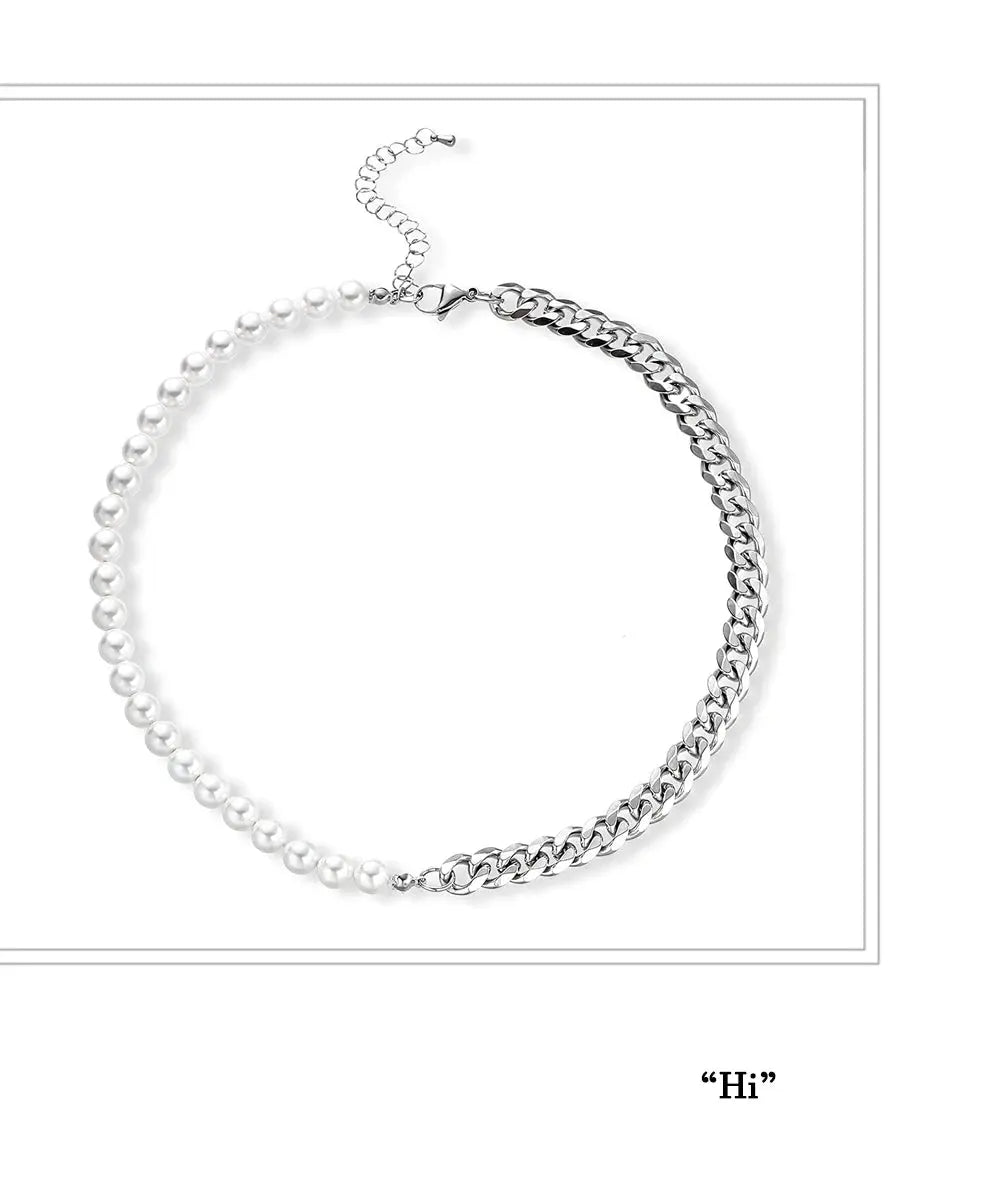 Men's Half Pearl Half Cuban Link Chain Necklace — Stainless Steel Silver Jewellery (43 cm) TrenLux Wear