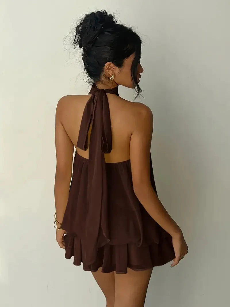 TrenLux Wear Women's Polyester Backless Slim-Fit A-Line Beach Dress