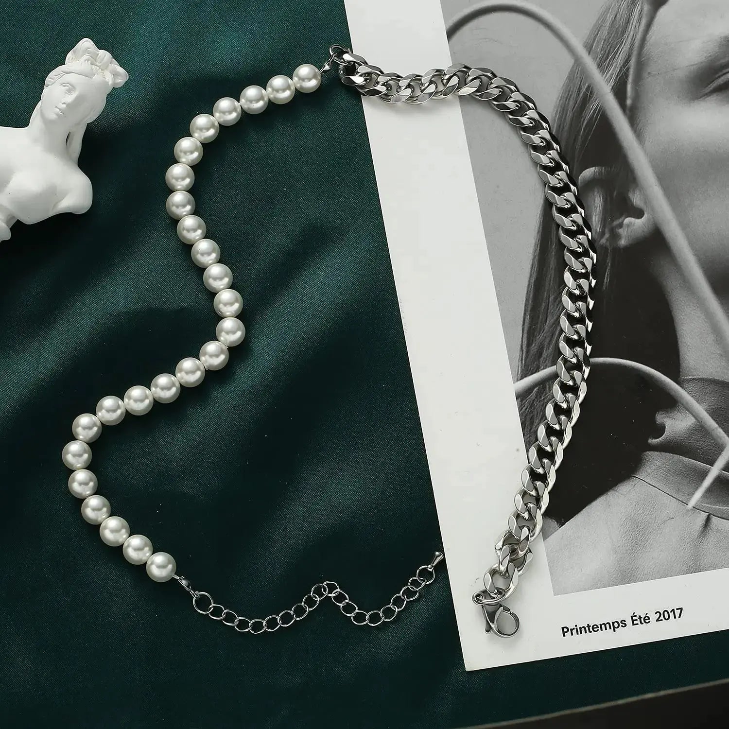 Men's Half Pearl Half Cuban Link Chain Necklace — Stainless Steel Silver Jewellery (43 cm) TrenLux Wear