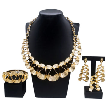Women's Gold Plated Wavy Pendant Necklace & Earrings Set — Delicate Wedding & Holiday Jewellery