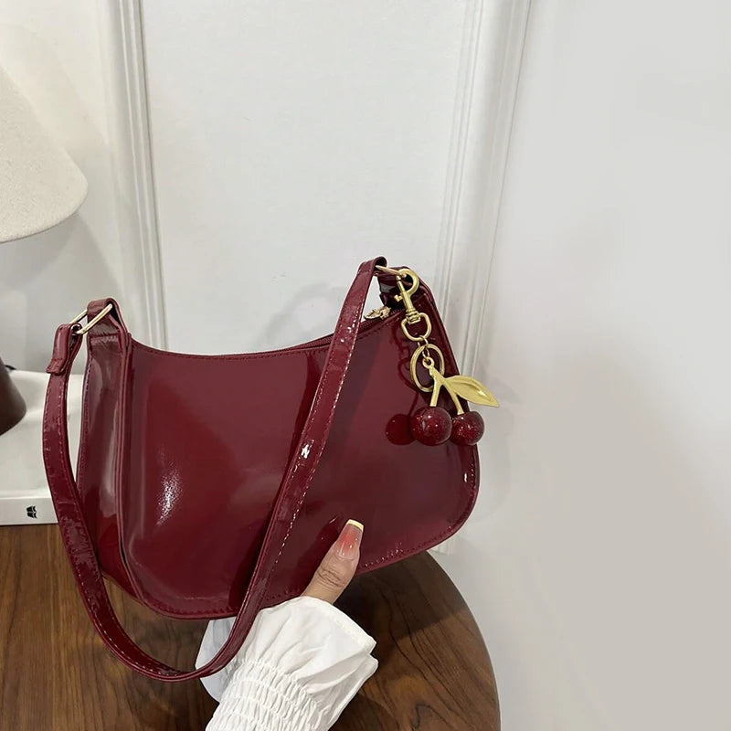 TrenLux Wear Women's PU Leather Solid Colour Cherry Pendant Casual Underarm Shoulder Bag