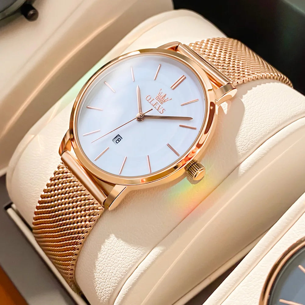 TrenLux Wear OLEVS Women's Rose Gold Luxury Stainless Steel Bracelet Quartz Gift Set