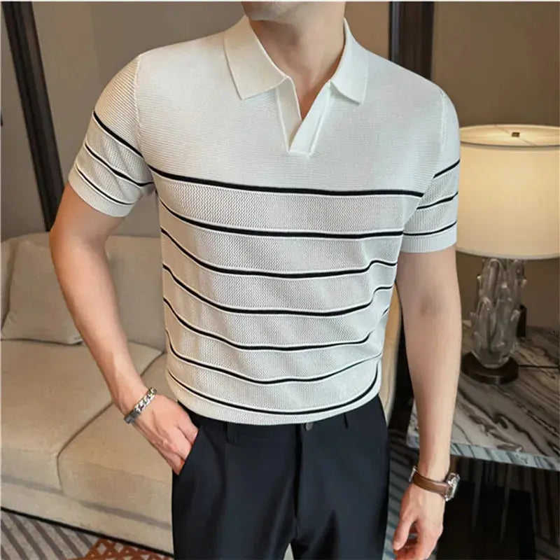 TrenLux Wear Men's Nylon-Viscose Slim-Fit Knitted Striped Turn-Down Collar T-Shirt The Glow Collective