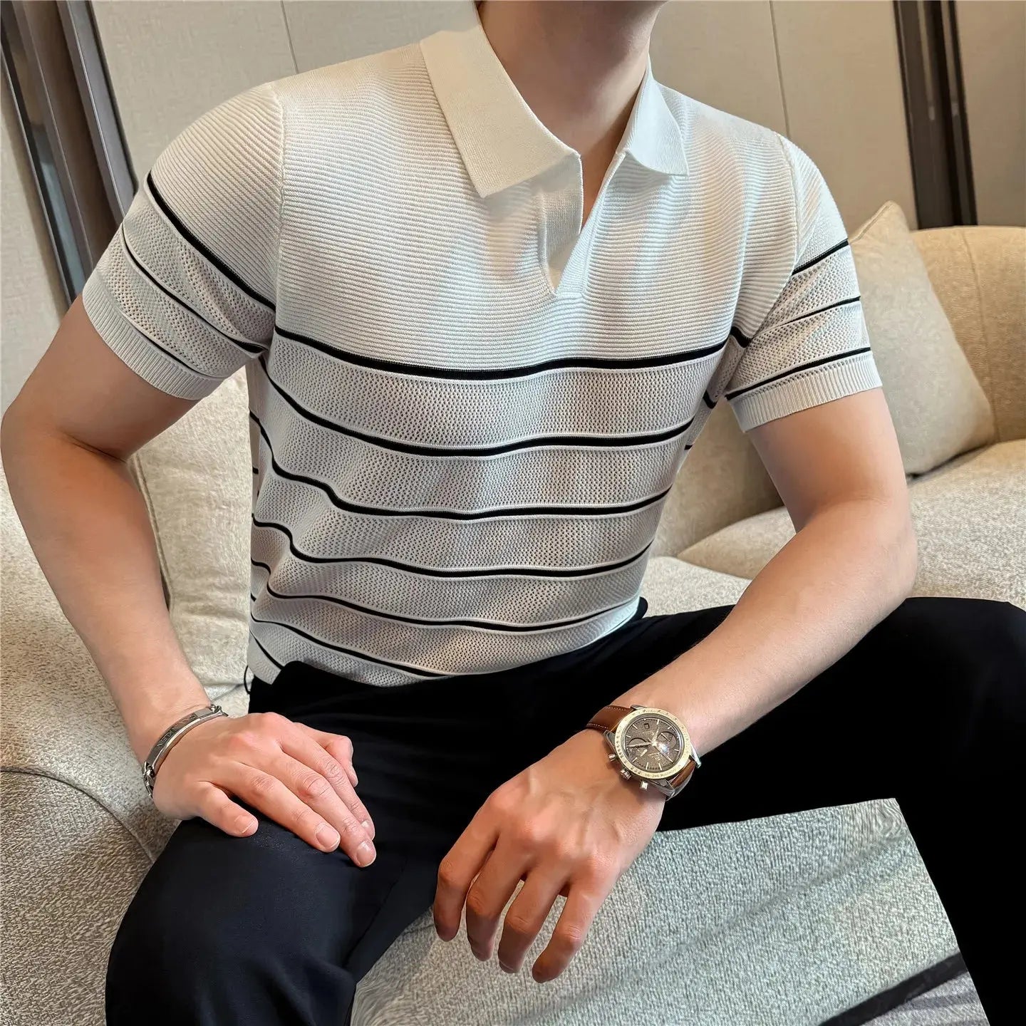 TrenLux Wear Men's Nylon-Viscose Slim-Fit Knitted Striped Turn-Down Collar T-Shirt The Glow Collective