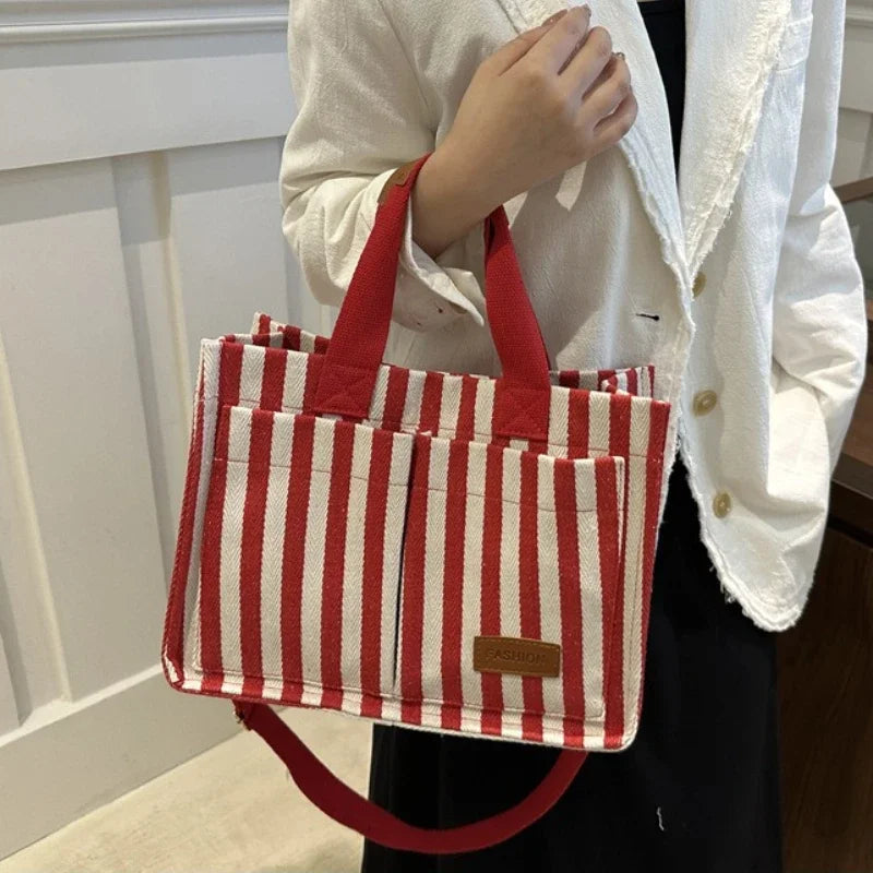 TrenLux Wear Women's Large Capacity Striped Canvas Versatile Commuter & Travel Tote Shoulder Bag