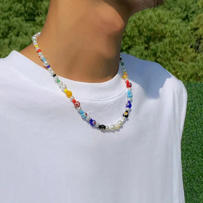 Men's Glass Flower Beaded Choker Necklace — Hip-Hop Gothic Punk Layered Pendant Chain TrenLux Wear