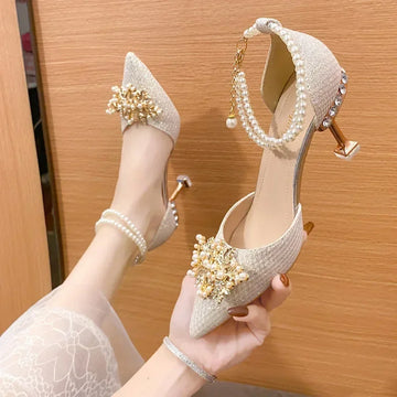 TrenLux Wear Women's Pointed Toe Metal Beaded High Heel Wedding Banquet Pumps