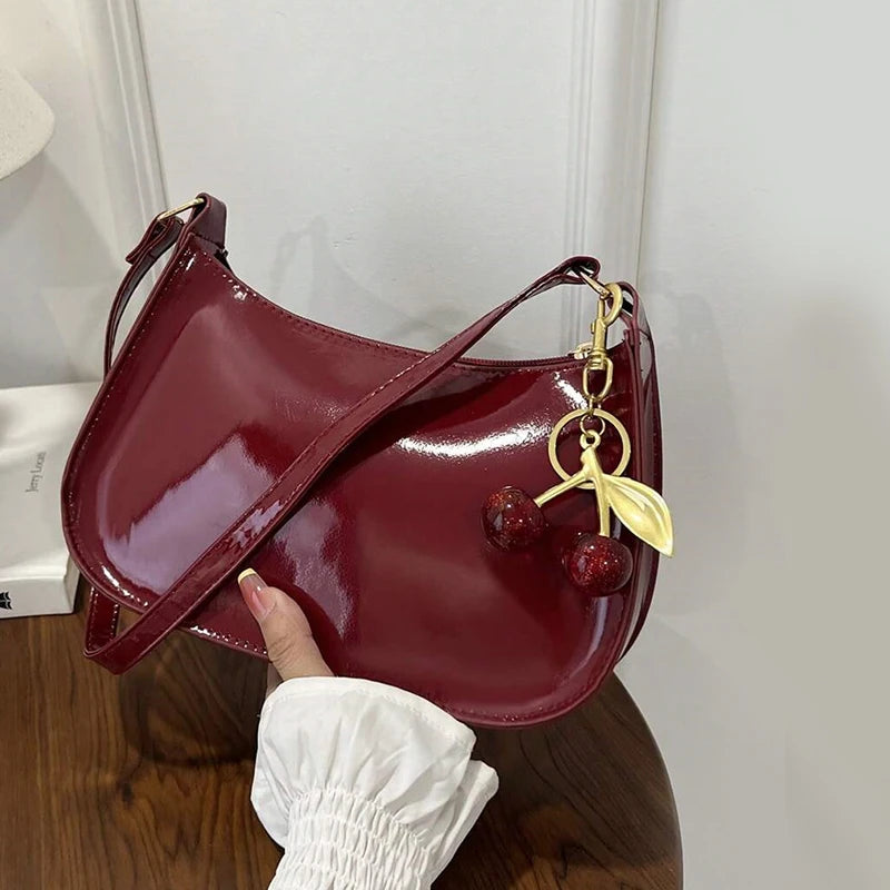 TrenLux Wear Women's PU Leather Solid Colour Cherry Pendant Casual Underarm Shoulder Bag