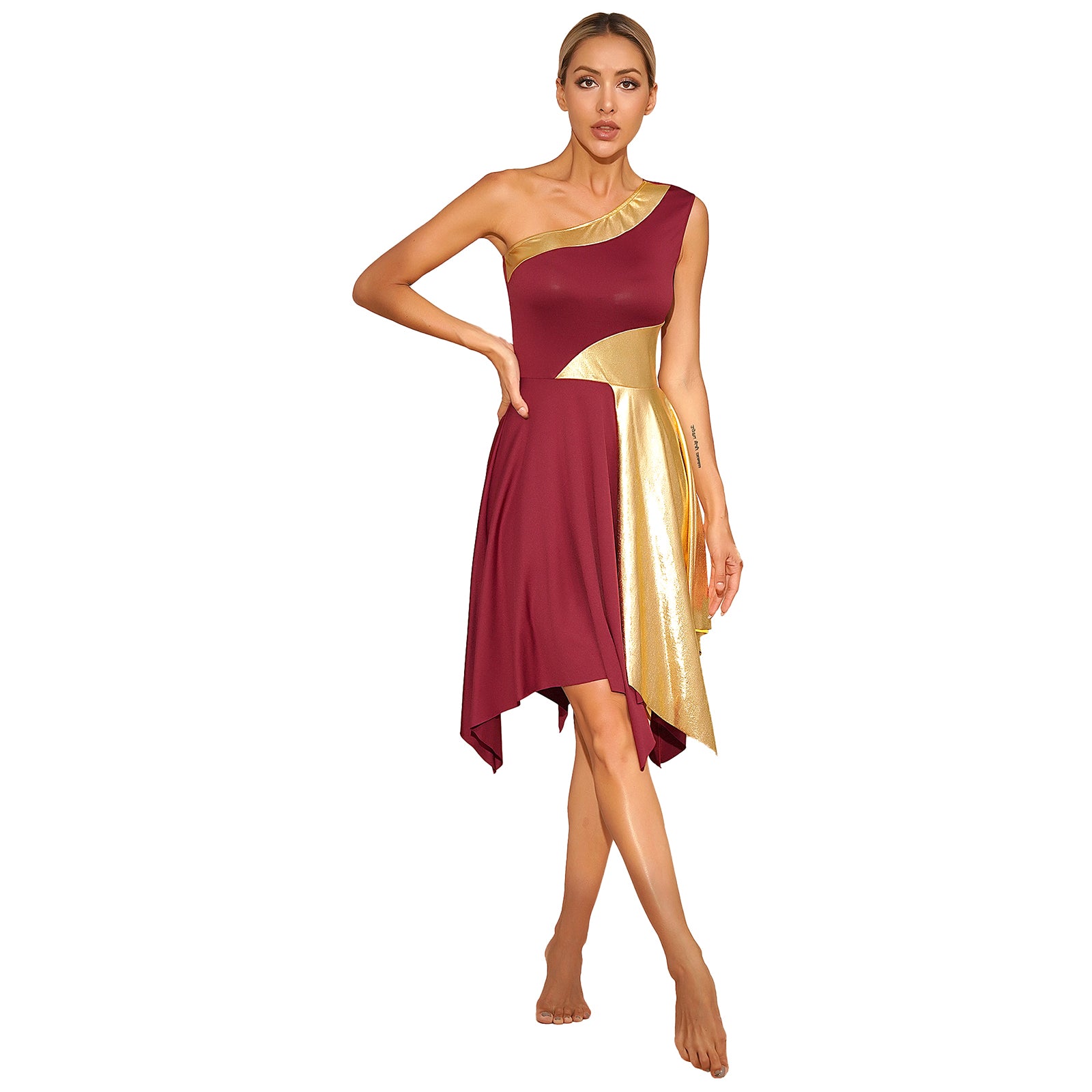 TrenLux Wear Women's Polyester-Spandex One-Shoulder Metallic Lyrical Dance Worship Dress