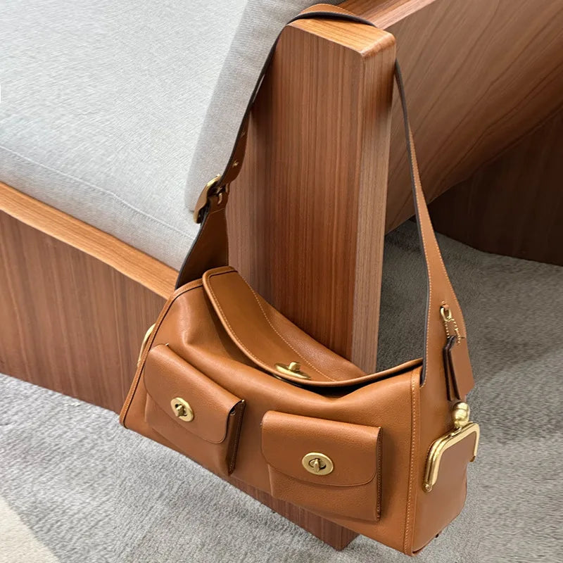 TrenLux Wear Women's Vintage PU Leather Large Capacity Multi-Pocket Zipper Commuting Shoulder Bag