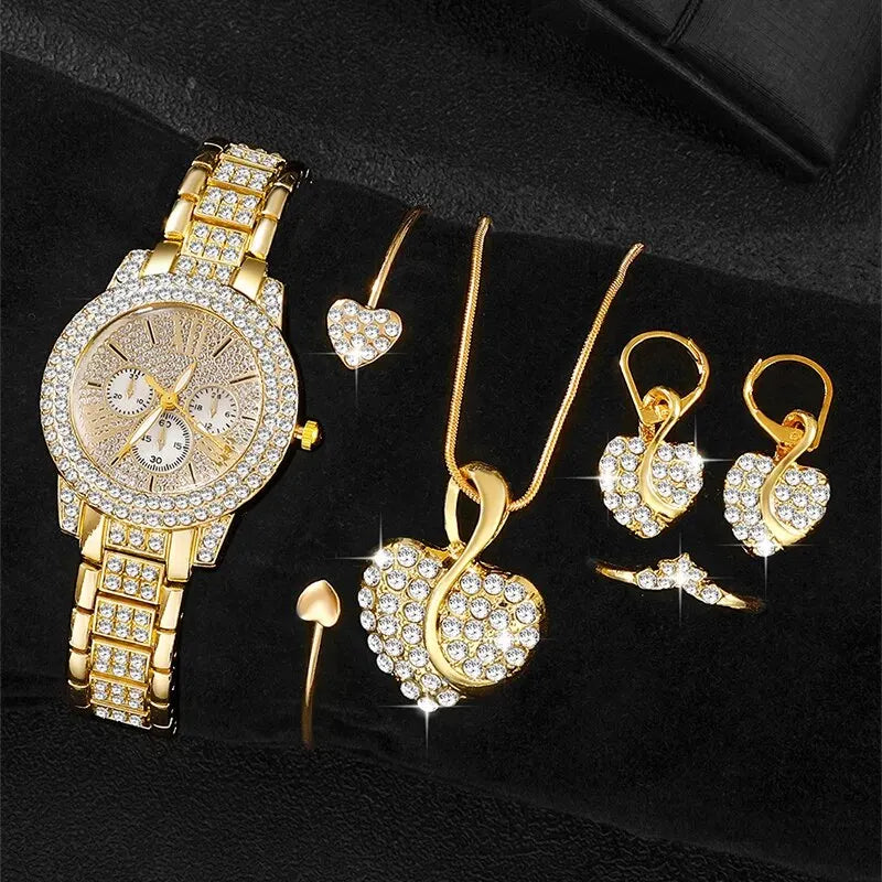 TrenLux Wear Women's Rhinestone Quartz Watch & Jewellery Set — Ring, Necklace & Earrings Luxury Gift