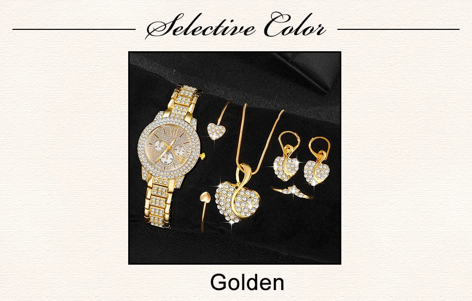 TrenLux Wear Women's Rhinestone Quartz Watch & Jewellery Set — Ring, Necklace & Earrings Luxury Gift