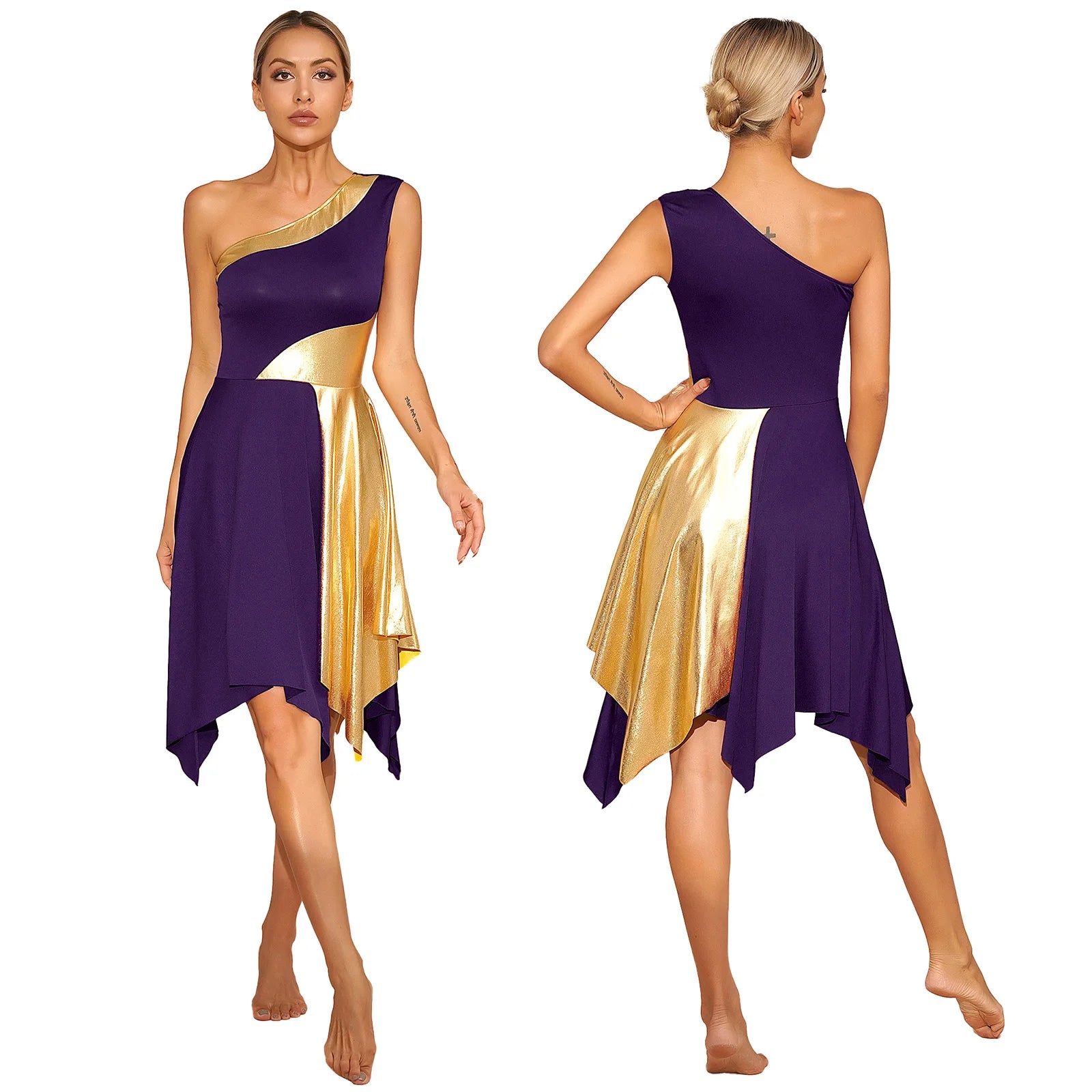 TrenLux Wear Women's Polyester-Spandex One-Shoulder Metallic Lyrical Dance Worship Dress