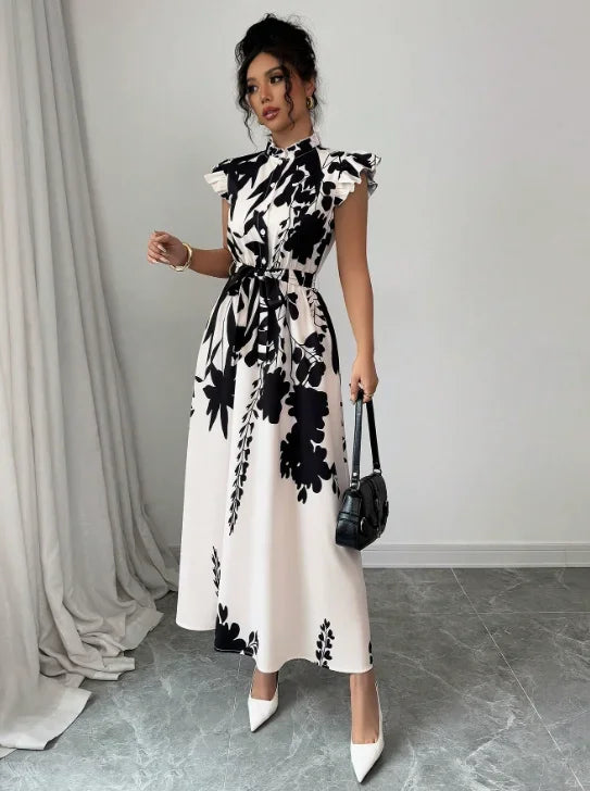 TrenLux Wear Women's Polyester Black & White Patchwork Sash Ball Gown Dress