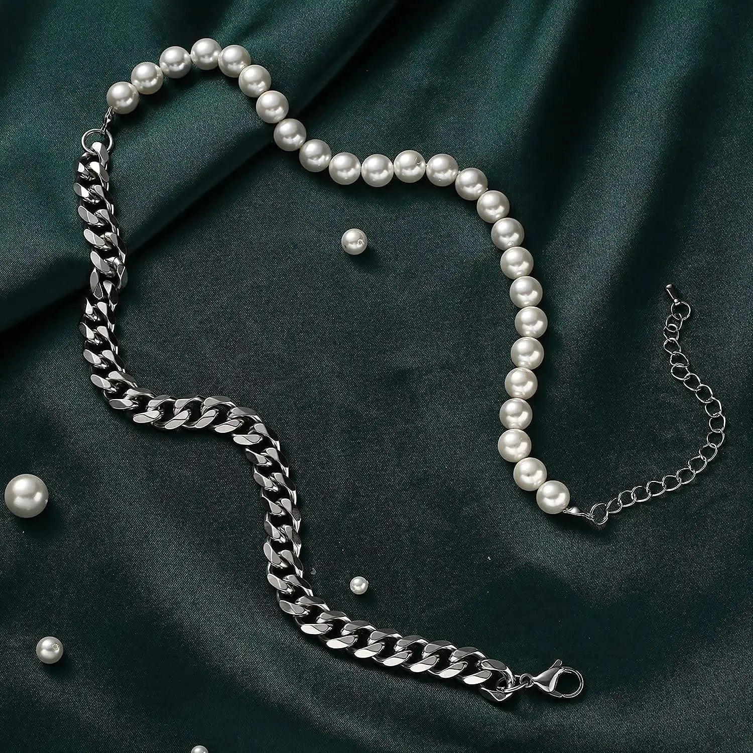 Men's Half Pearl Half Cuban Link Chain Necklace — Stainless Steel Silver Jewellery (43 cm) TrenLux Wear